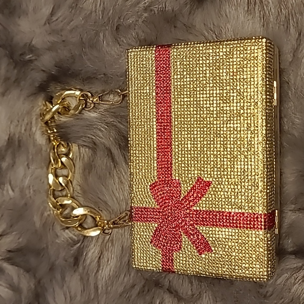 NWOT Crystal Clutch Chain Purse Gold Christmas Gift w/ Red Bow